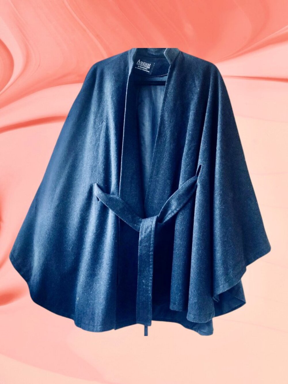 Vintage August Custom Tailors Hong Kong Black Cashmere Blend Silk Lined Cape OS